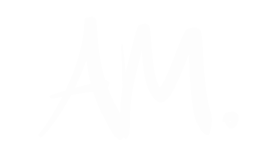 Logo with stylized white 'AM' handwritten letters on a black background.